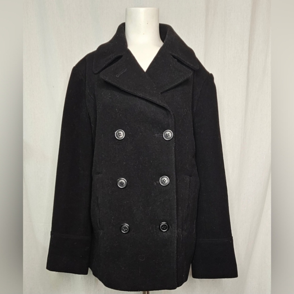 Women's George Black Wool-Blend Peacoat Jacket Double-Breasted Size L (12-14)‎